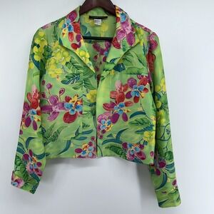 Transitions Womens Silk Cropped Jacket Tropical Floral Lime‎ Green Open Front S
